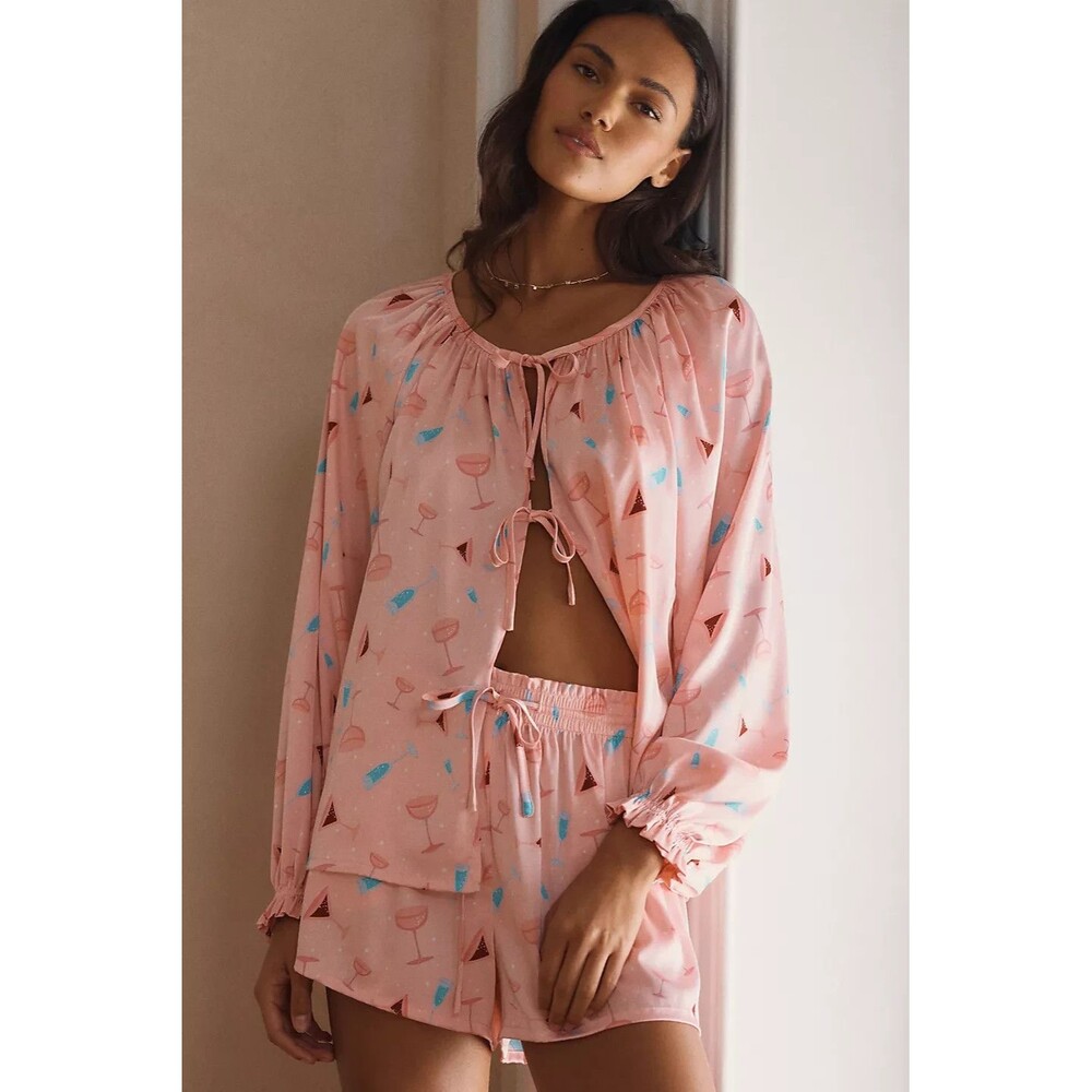Anthropologie Pajama Set Womens XS Pink Cocktail Print Lounge Set NWT